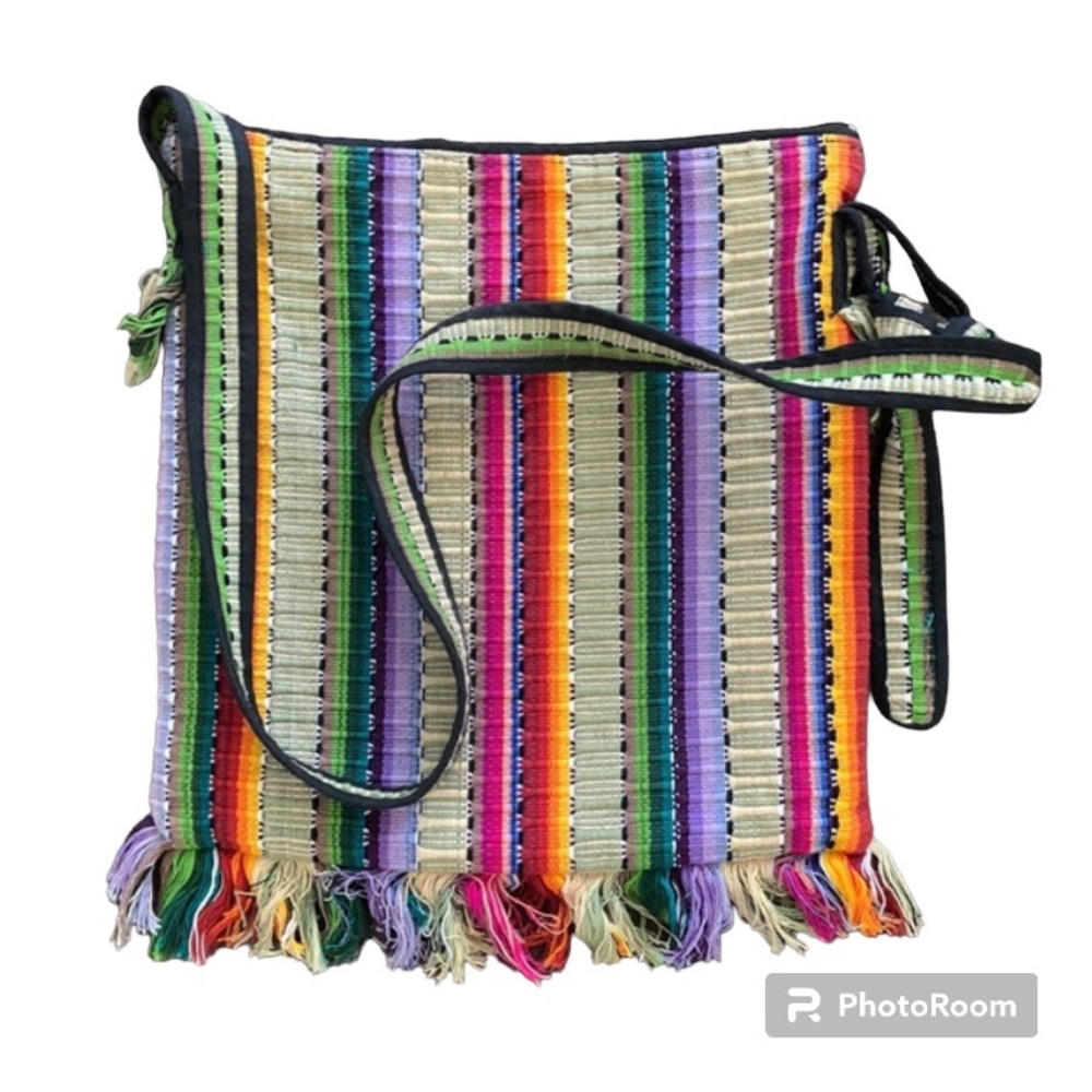 BOHO CROCHET SHOULDER BAG FRINGES FABRIC MULTICOLOR RAINBOW